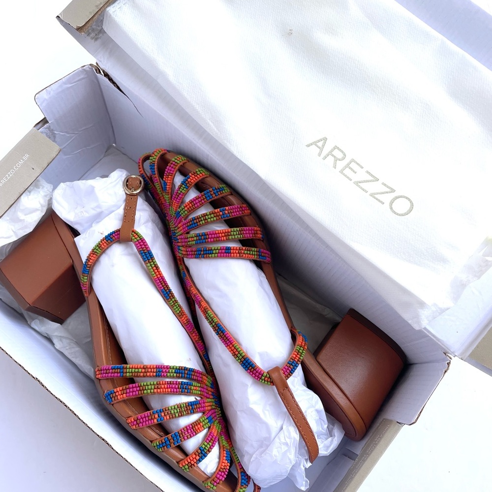 Arezzo Brown Leather Multicolor‎ Beaded Strappy Block Heel Sandals